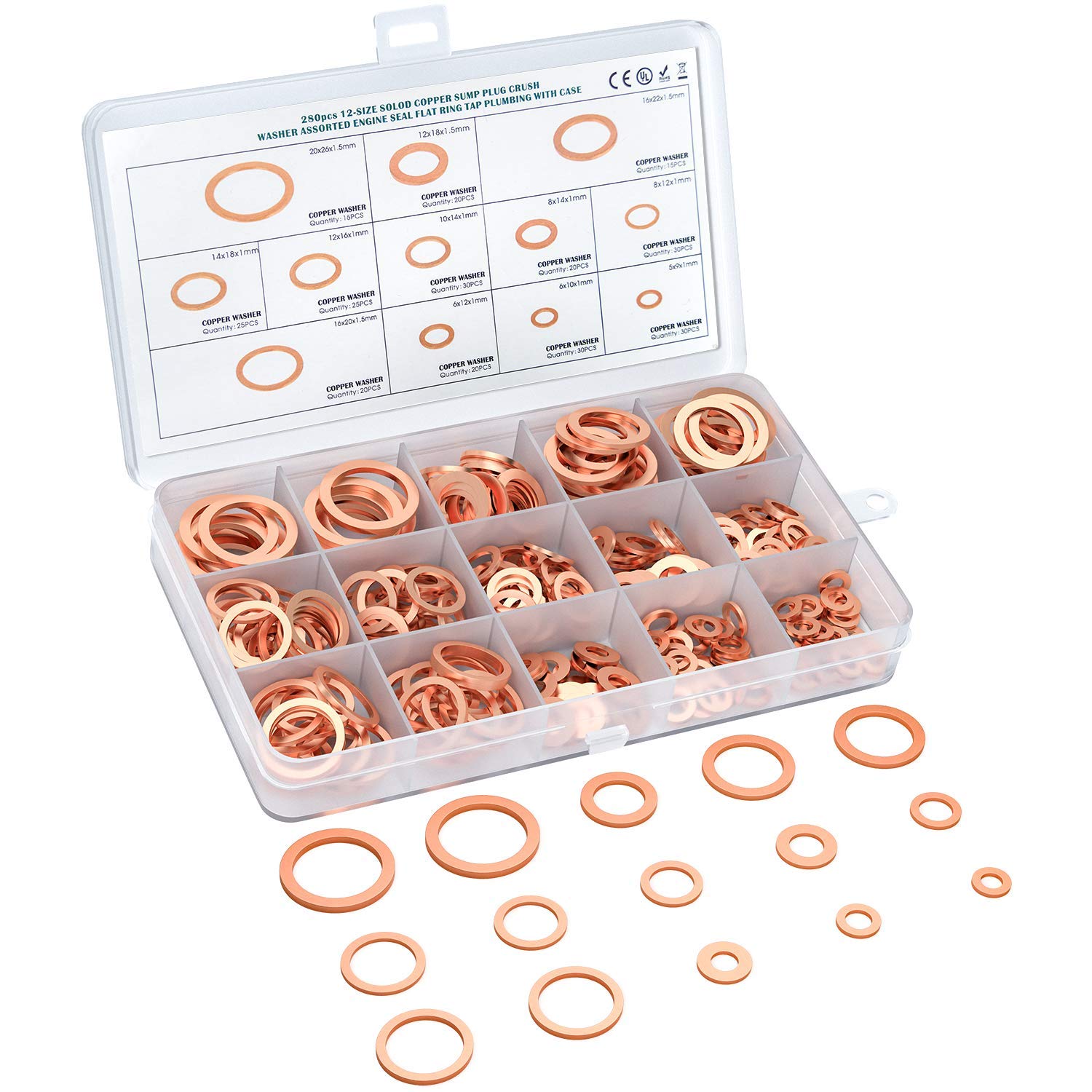 280 Pcs 12 Sizes Copper Washer Set, Muscccm Copper Metric Sealing