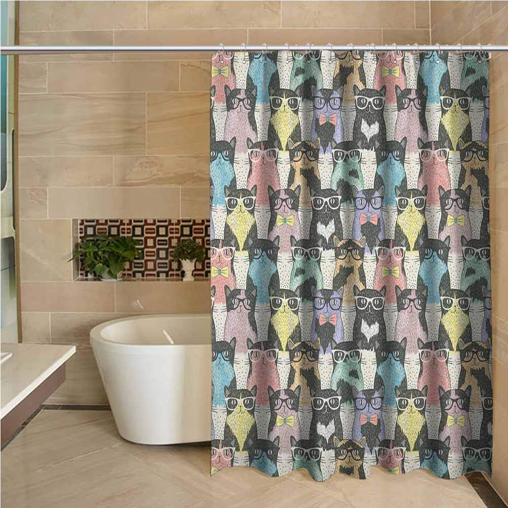 Funny Cartoon Extra Long Shower Curtain Playful Hipster Cats with Glasses Colorful Clip Art Dotted Designed Print Bathroom Decor Durable 36"x72",Multicolor