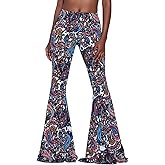 Women High Waisted Fit Flare Ethnic Paisley Floral Bell Bottoms Yoga Pants Flared Leggings