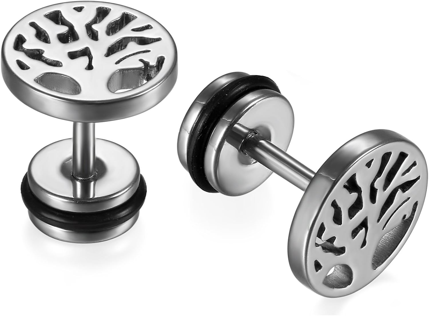 JewelryWe Pair of Men's 9mm Stainless Steel Tree of Life Stud Earrings Black Tapers Cheater Faux Fake Ear Plugs Gauges Illusion Tunnel Non Pierce Body Jewellery