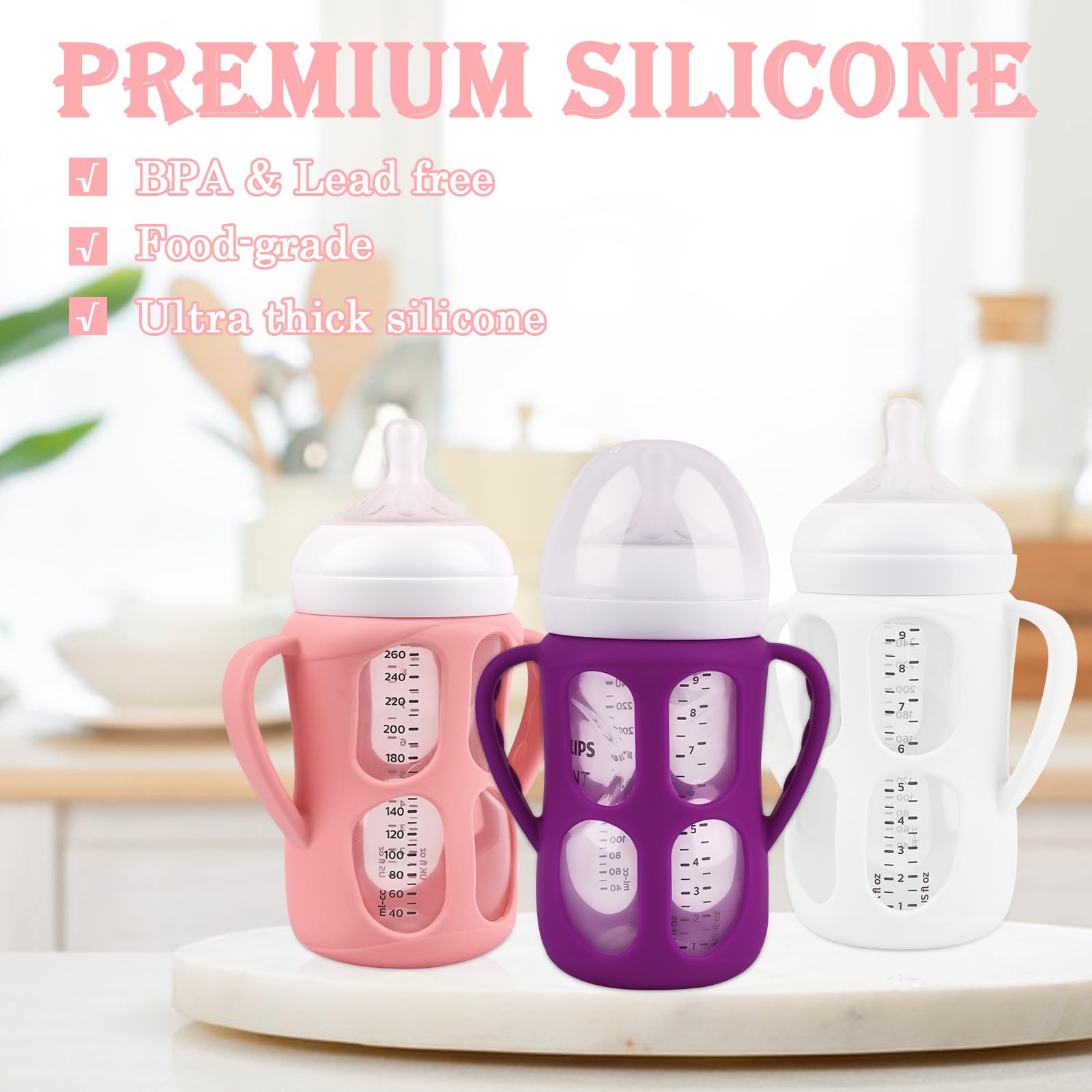 3 Pack Baby Bottle Handles for Philips Avent Natural Baby Bottles, Baby Bottle Holder with Easy Grip Handles (Pink+Purple+White)