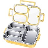Stainless Steel Lunch Box for Kids & Adults - 25 oz - Leakproof 3 Compartment Metal Lunch Container - 18/8 Stainless Steel Bento Box - Ideal for School, Office & Outdoor - Dishwasher Safe (Yellow)