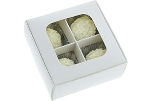 GRETEL BAKING 20pcs White Treat Boxes with Window and Dividers | 4 X-SMALL compartments | 3.5 x 3.5 x 1.57 in | Empty candy boxes for gift giving, truffle box - perfect for Valentine's Day