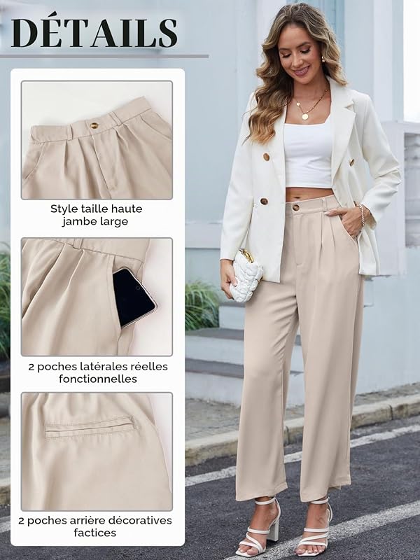 Femme Pantalon Bureau Elegant Casual Jambes Larges Décontracté Jambe Droite Loisirs Travail de Costume Mode Taille Haute avec Poches