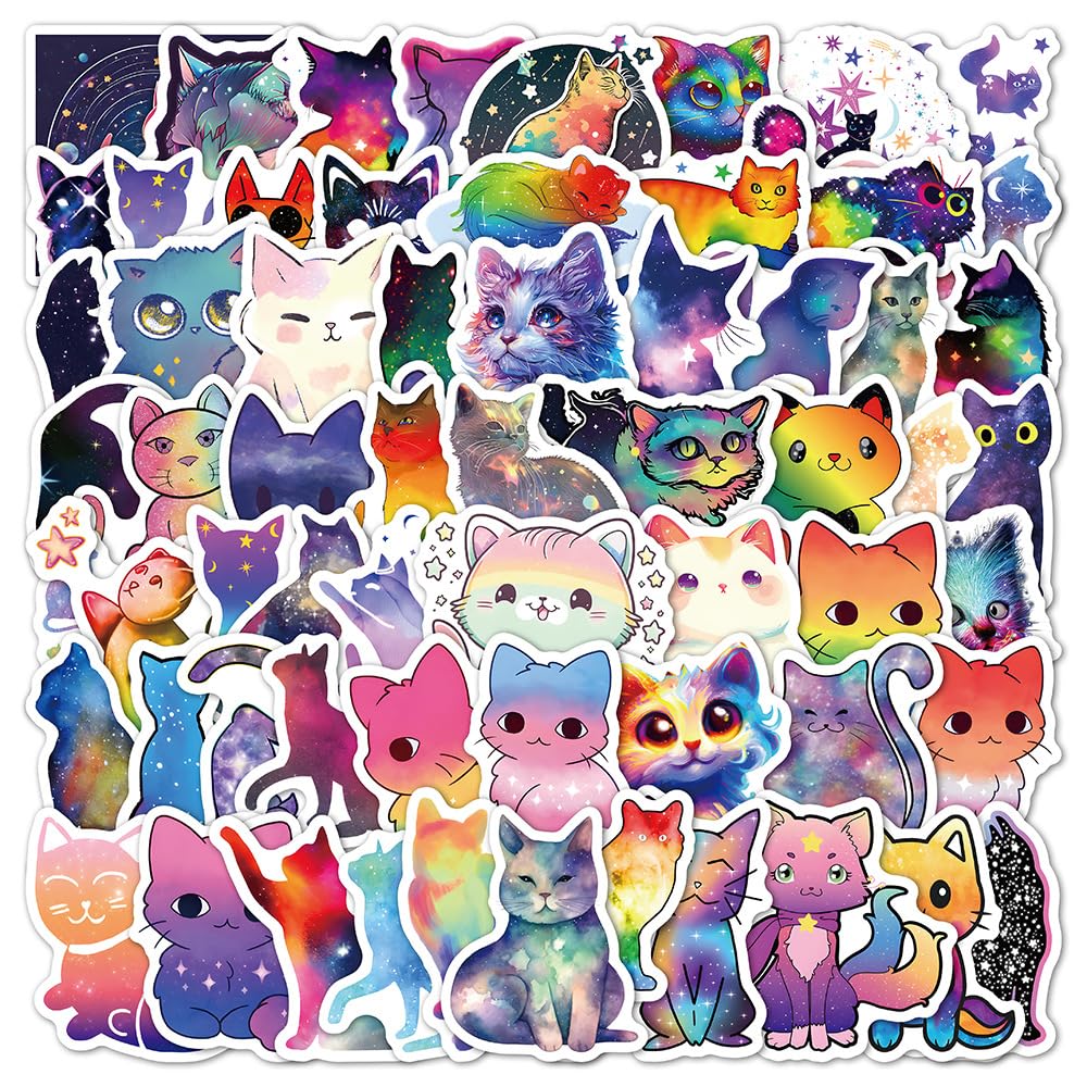 50 Pcs Starry Sky Cat Stickers - Cute Vinyl Stickers for Water Bottle, Laptop, Scrapbook, Journaling