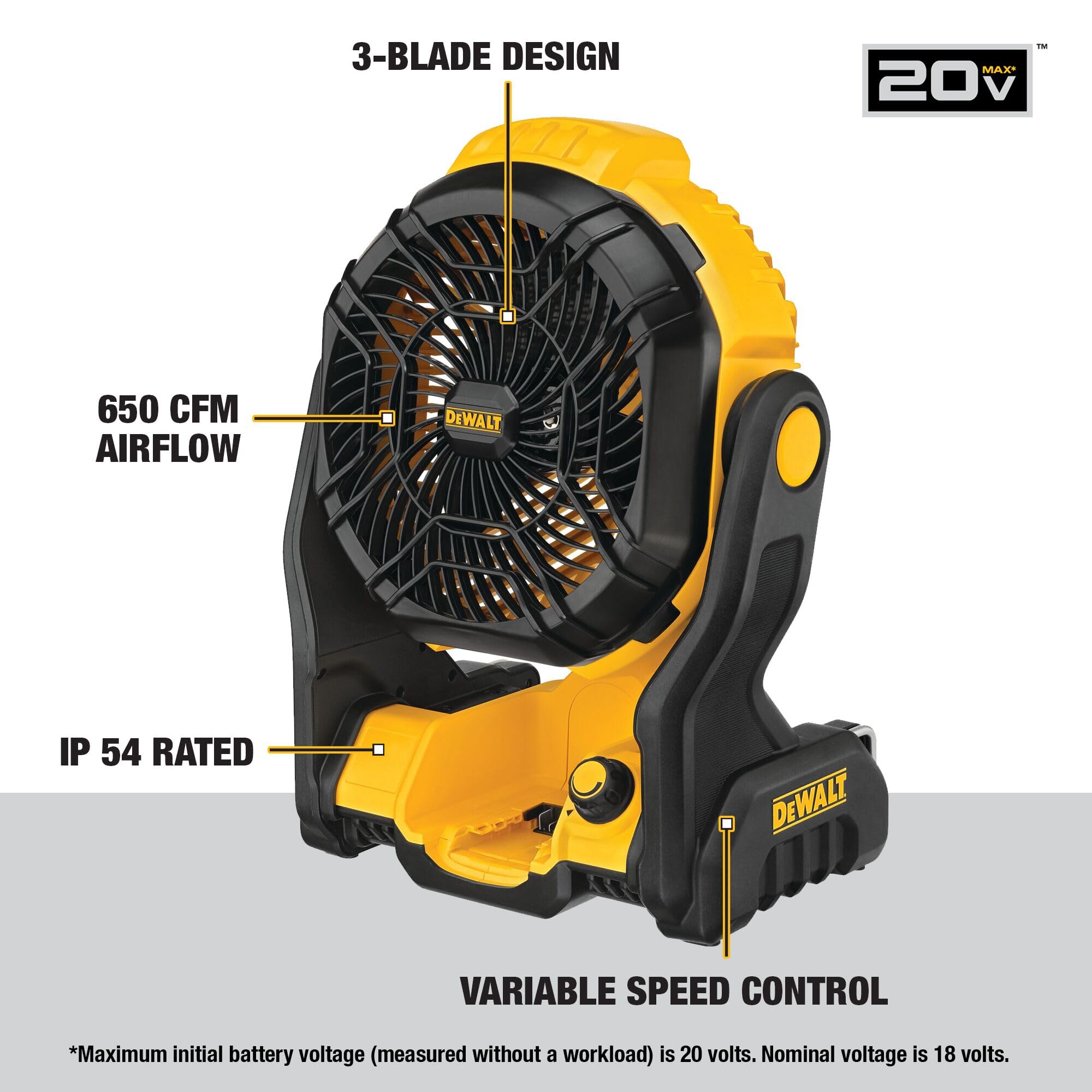 DEWALT 20V MAX Cordless Jobsite Fan, Battery Powered Rechargeable Fan Portable, Tool Only (DCE512B)
