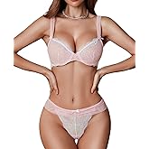 RSLOVE Women's Exotic Lingerie Sets - 2 Piece Lace Bra and Panty Set Sexy Mesh Underwire Lingerie Outfits