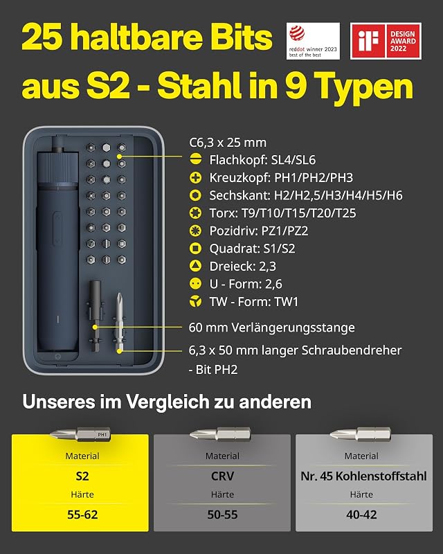 Elektrischer Schraubendreher Set mit 25 Magnetische Bits, LED-Licht