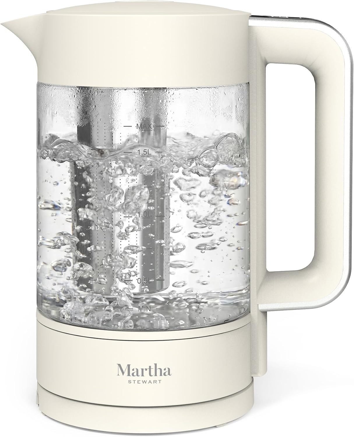 Martha Stewart  Electric Kettle with Removable Stainless Steel Tea Infuser, Glass Carafe 1.7L (7 Cups), Hot Water Boiler, 4 Presets, Keep Warm & Auto Shut-Off, Cordless 360° Swivel Base, Linen White