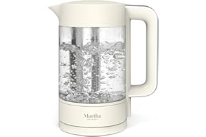 Martha Stewart  Electric Kettle with Removable Stainless Steel Tea Infuser, Glass Carafe 1.7L (7 Cups), Hot Water Boiler, 4 Presets, Keep Warm & Auto Shut-Off, Cordless 360° Swivel Base, Linen White