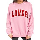 BOUTIKOME Valentines Sweatshirts for Women Sequin Glitter Patch Lover Letter Shirts Chenille Oversized Pullover Tops