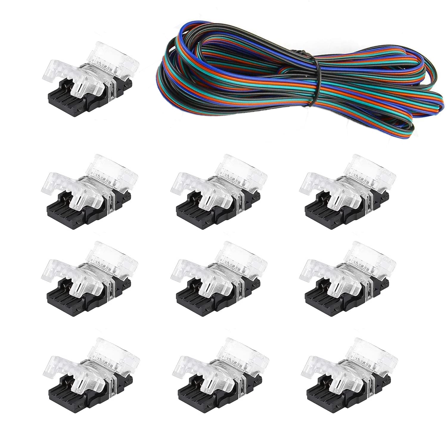 4 Pin LED Connectors 10mm Wide Unwired Gapless Solderless Strip to Wire Quick Connectors Adapter with 2m Extension Cord for Non-Waterproof 5050 Multicolor RGB LED Strip Lights-10Packs