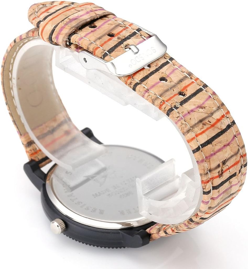 JSDDE Ladies'/Men's Wristwatch Retro Style Colourful Stripes Wood Cork Pattern Polyurethane Leather Analogue Quartz - Image 4