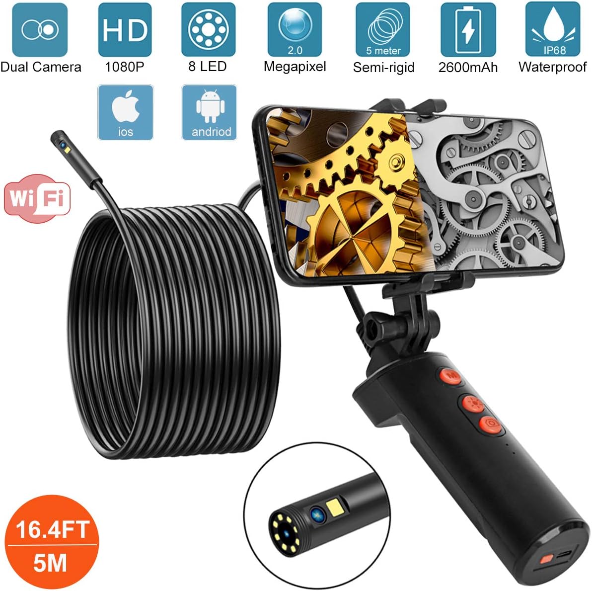 Double Lentille Endoscope WiFi Tablette Caméra Endoscope IP68 Etanche