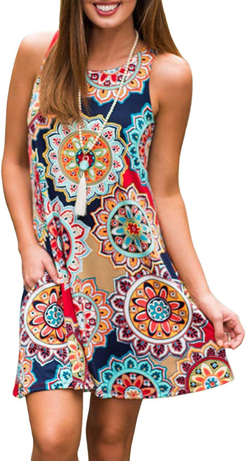 Womenโs Casual T Shirt Dress Summer Boho Floral Mini Dress Swing Sleeveless Baggy Dresses