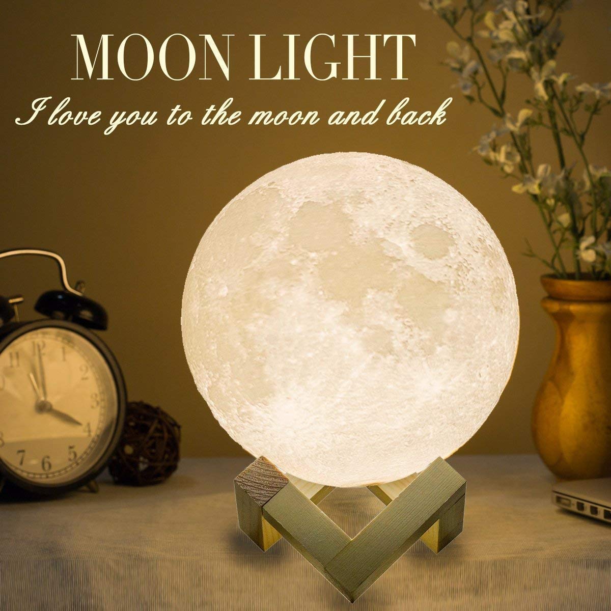 Vinmax Light LED 3D Printing Moon Lamp, Night Warm and Cool White Dimmable Touch Control Brightness with USB Charging, Home Decorative Light with Wooden Base