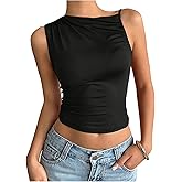 Milumia Women's Asymmetrical Neck Ruched Tank Top Sleeveless Slim Fit Going Out Crop Tops