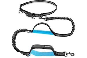 UPPETLY Hands Free Dog Running Leash with Adjustable Waist Belt, Dual Handle Elastic Bungees Retractable Rope for Medium and Large Dogs, Reflective Stitches for Walking Hiking Biking