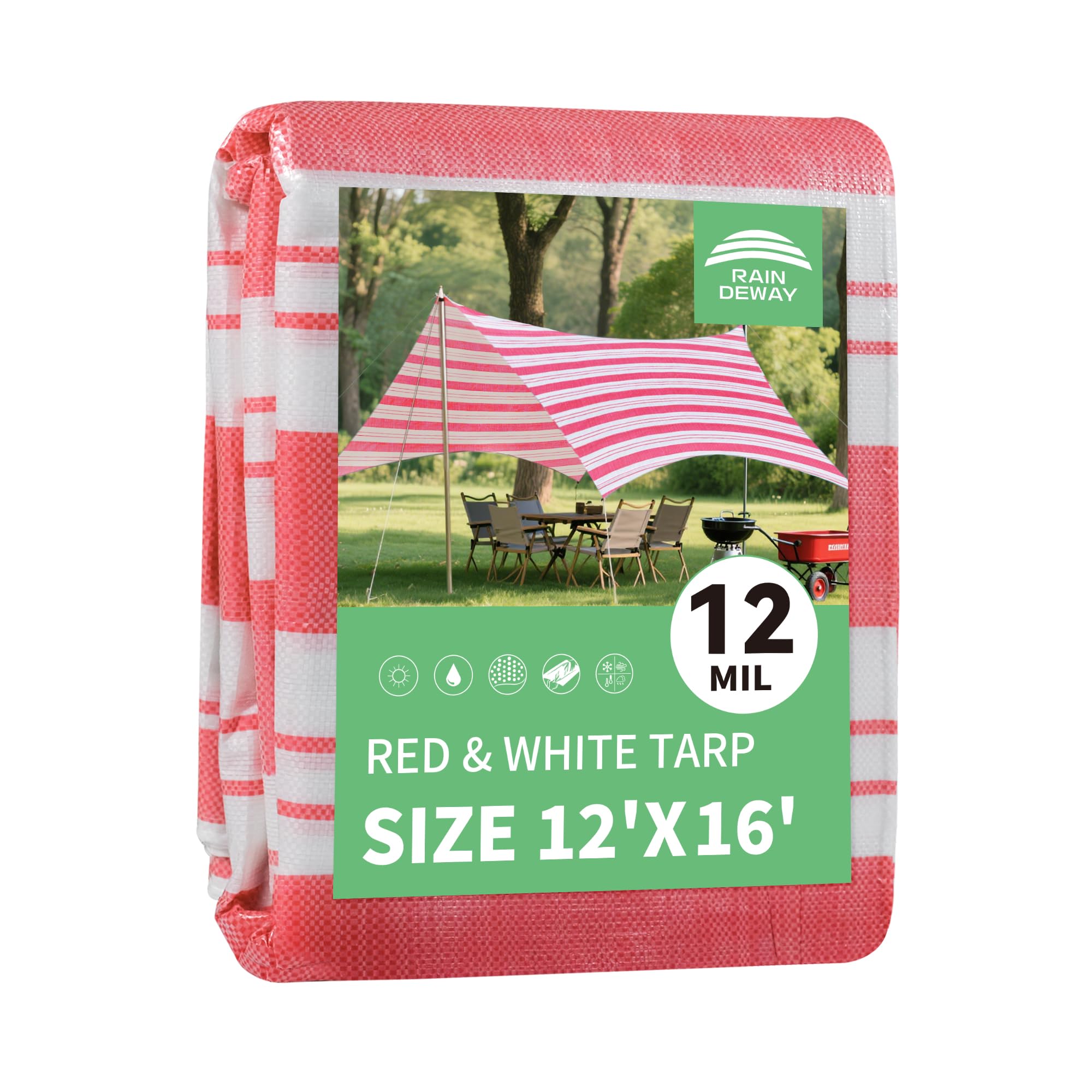 RAINDEWAY Tarps 12x16 Feet,12 Mil Sunshade Striped Tarp Waterproof,Multipurpose Poly Tarp Cover with Grommets and Reinforced Edges,Red/White Tarps Image