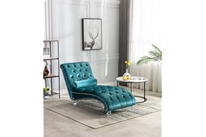 KINFFICT Velvet Chaise Lounge Chair with Toss Pillow, Modern Tufted Button Lounge Chair with Acrylic Legs, Upholstered Indoor Sleeper Chair for Living Room, Bedroom, Teal