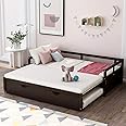 Merax Wooden Daybed Extendable Bed with Trundle, Sofa Bed for Bedroom Living Room, Can be Expanded from Twin Size to King Size (Espresso)