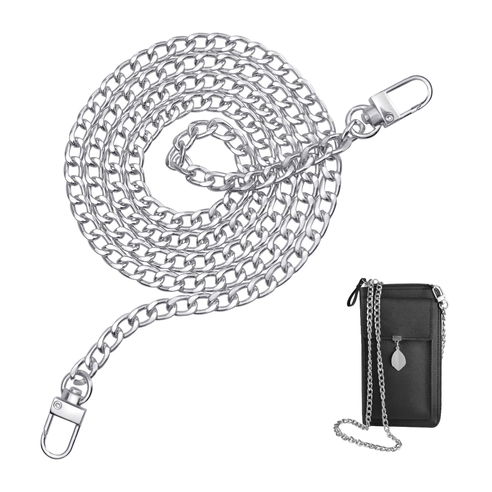 FuninCrea Metal Chain Shoulder Strap, 120cm Adjustable Replacement Handbag Straps, Adjustable Purse Strap with Hardware Hooks Stylish Handbag Straps for Crossbody Canvas Bag Handbag (Silver)