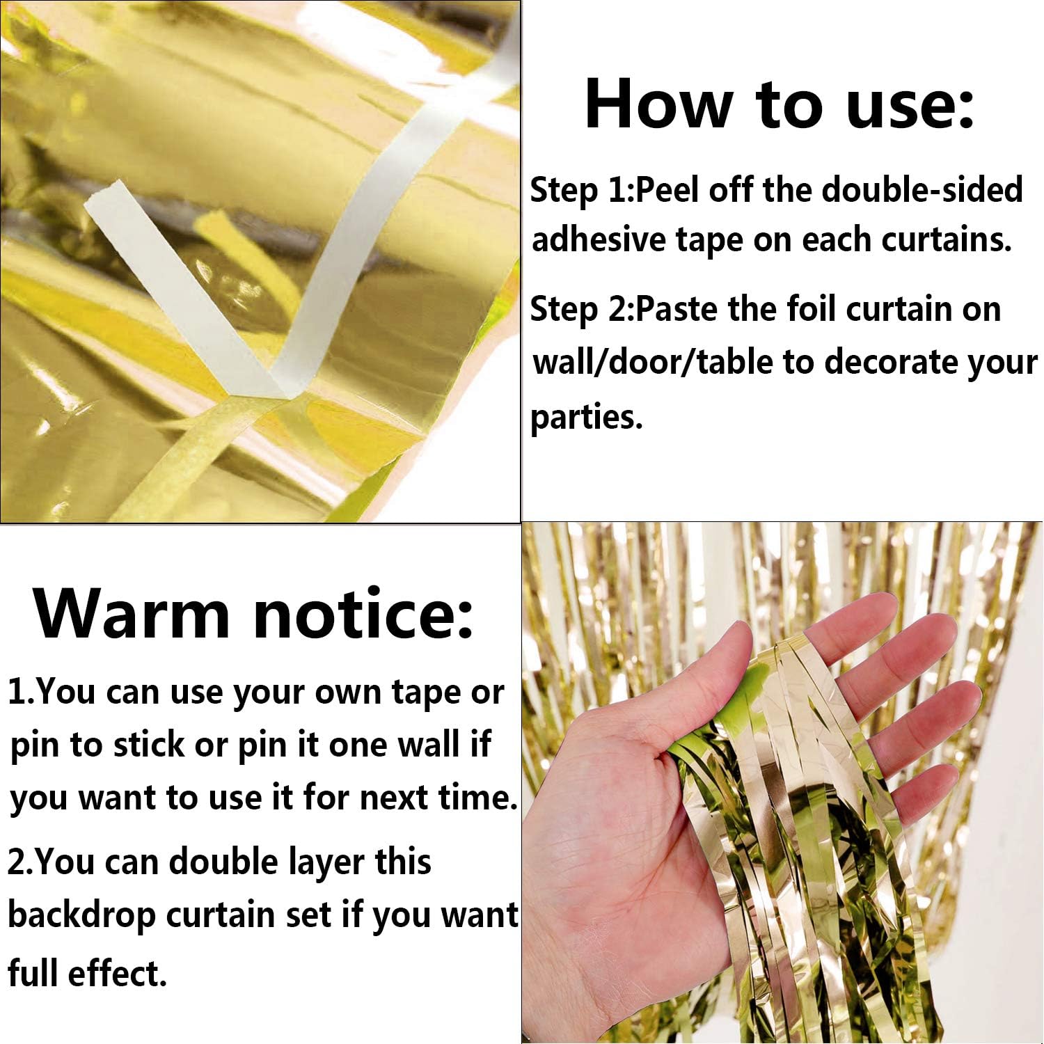 2 Packs 3ft x 8.3ft Gold Metallic Tinsel Foil Fringe Curtains Photo Booth Props for Birthday Wedding Engagement Bridal Shower Baby Shower Bachelorette Holiday Celebration Party Decorations: Toys & Games