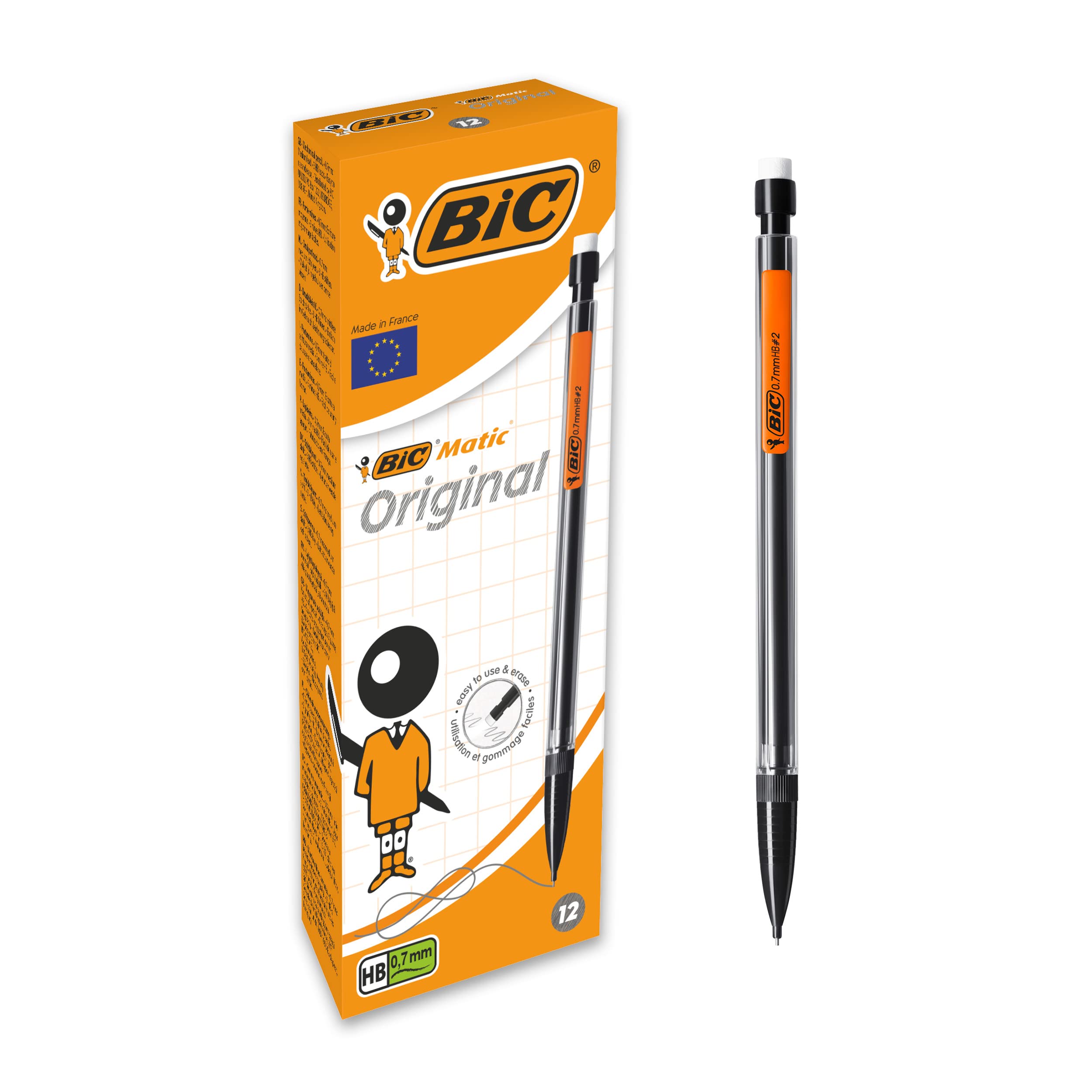 Bic Matic Original Mechanical Pencils, Pack of 12, Perfect for School and Office Use, 0.7 mm Black (HB), Includes 3 HB Lead Refills and Eraser