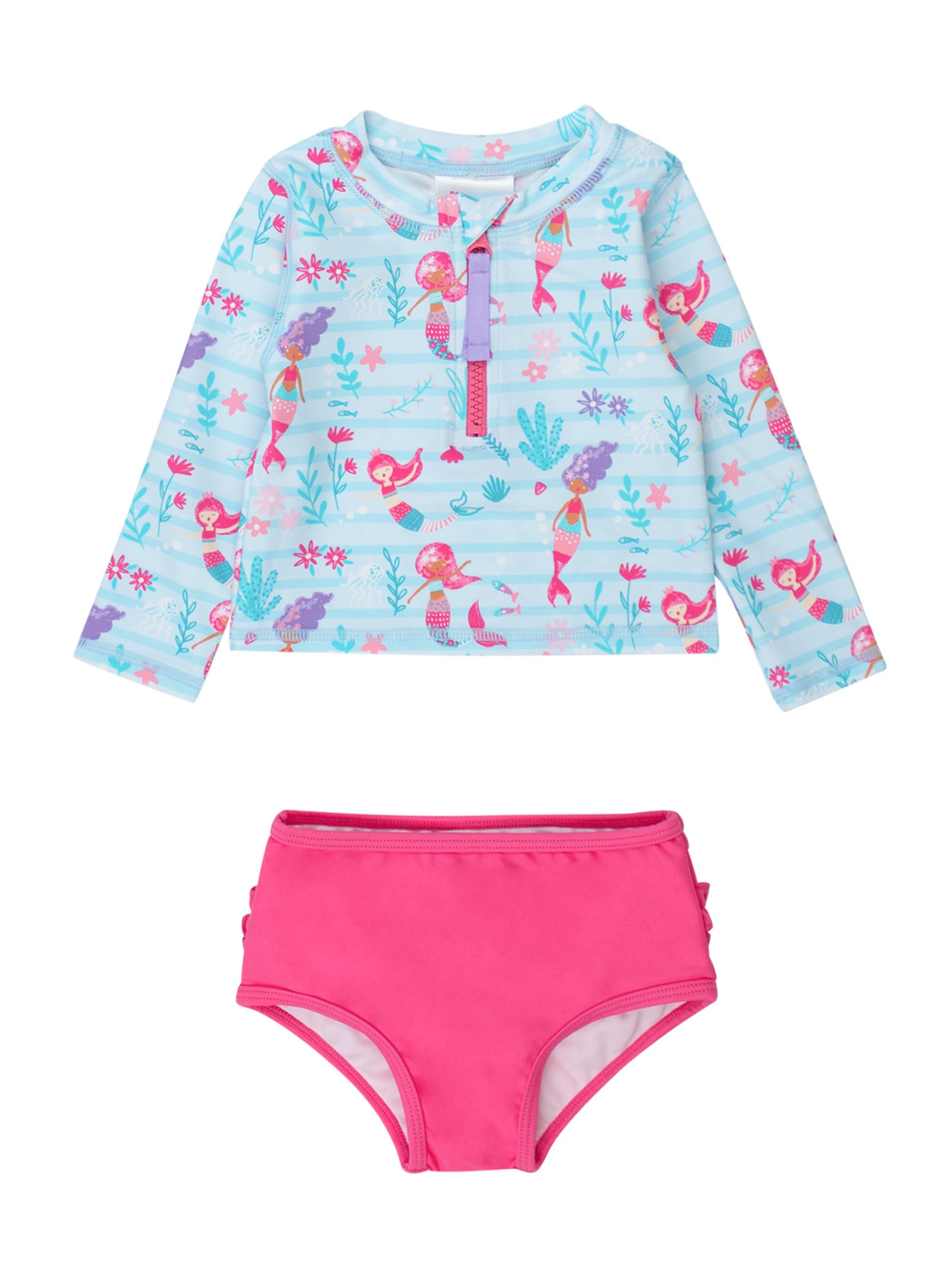 RuffleButts Baby/Toddler Girls Long Sleeve Rash Guard 2 Piece Swimsuit Set w/UPF 50+ Sun Protection with Zipper - Blue Mermaid Princess, 8 Image
