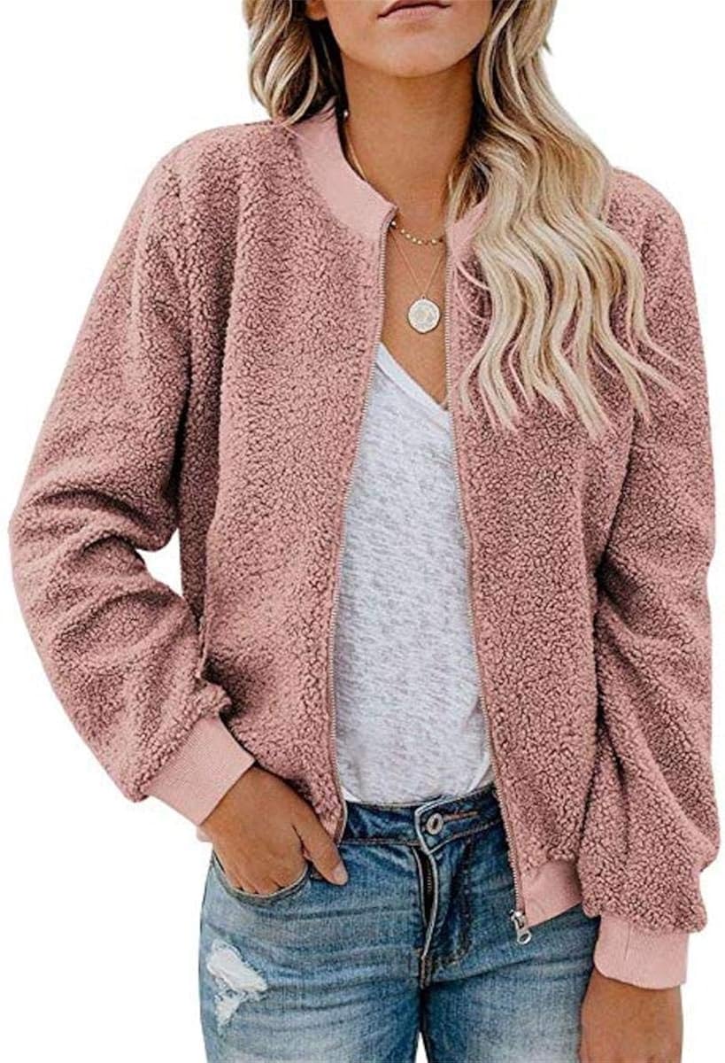 MIROL Women's Sherpa Fleece Jacket Faux Fuzzy Long Sleeve Casual Zip Up Bomber Coat with Pockets at  Women’s Clothing store
