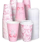 FYSUIMU 50 Pcs Pink Bow Coffee Paper Cups Cherry Bowknot Coquette 16 Oz Disposable Cups with Lids for Hot Cold Drinks Birthday Baby Shower Bachelorette Party Supplies, 2 Designs