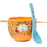 Silver Buffalo Garfield Hungry Junk Food Ceramic Ramen Noodle Rice Bowl with Chopsticks and Spoon, Microwave Safe, 20 Ounces