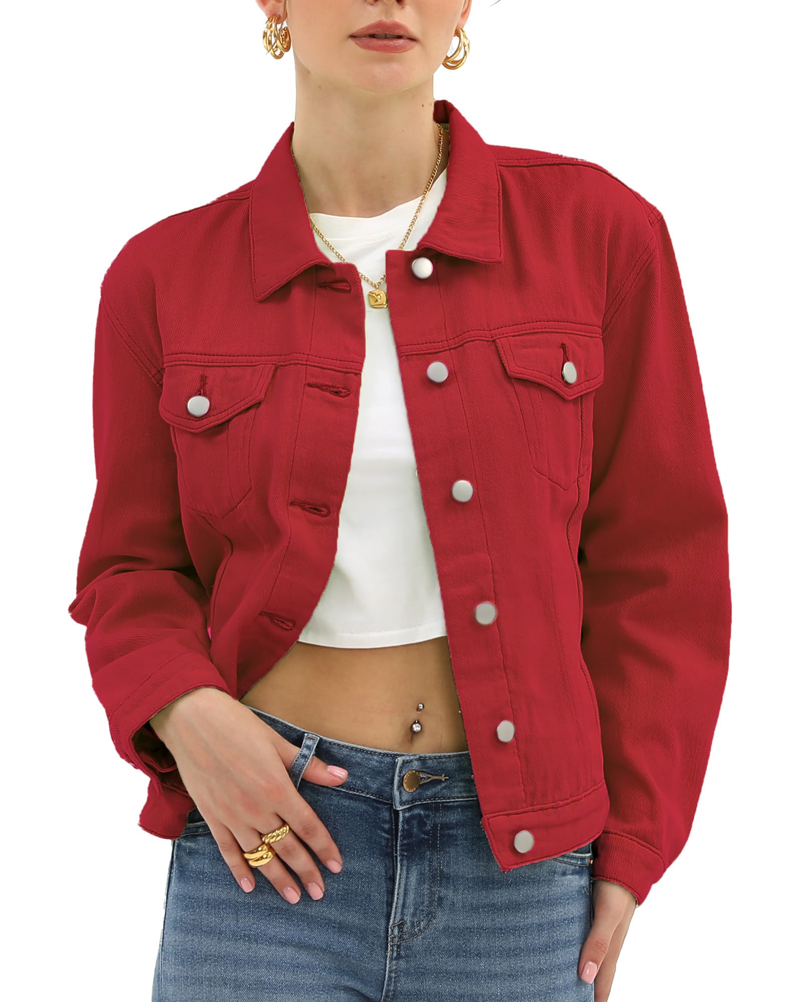 Photo 1 of Argstar Women's Denim Jean Jackets Button Up Long Sleeve Basic Trendy Stretch Trucker Jacket Red XL