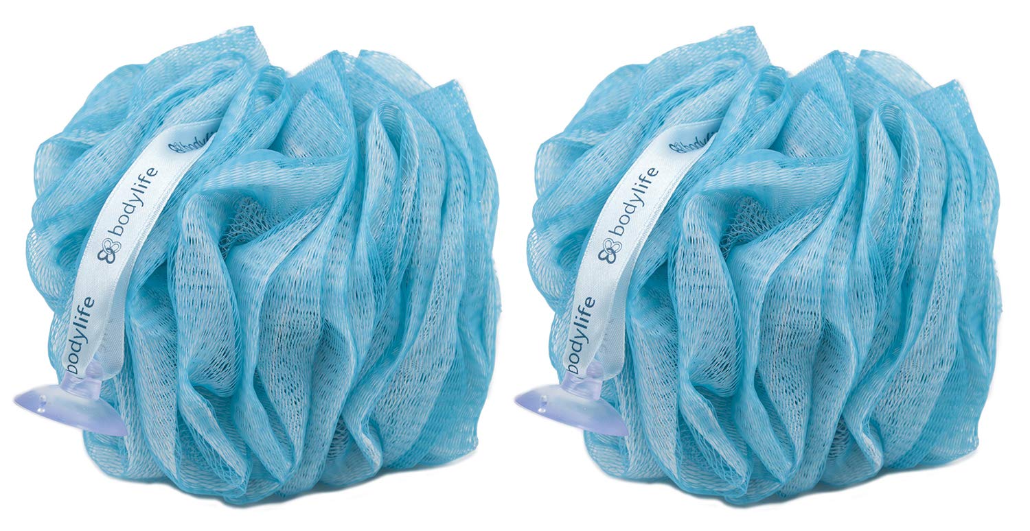 Bodylife Body Buffer, Puff, Exfoliating Bath & Shower Body Pouf, Scrunchie, Body Scrubber Blue & White 55g Twin Pack