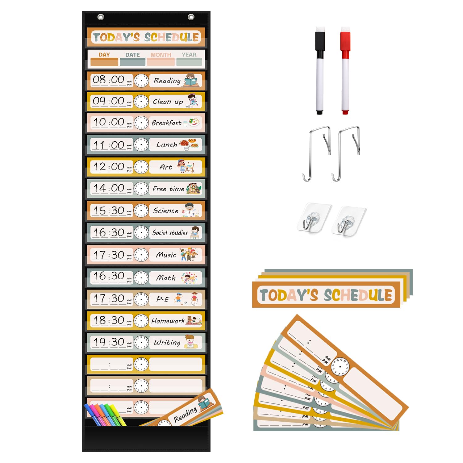 Photo 1 of REGELETO Boho 18+1 Pockets Daily Schedule Pocket Chart, 30 pcs Double-Sided Reusable Cards, Scheduling Pocket Chart for Classroom Office Home Preschool Activity(Black)