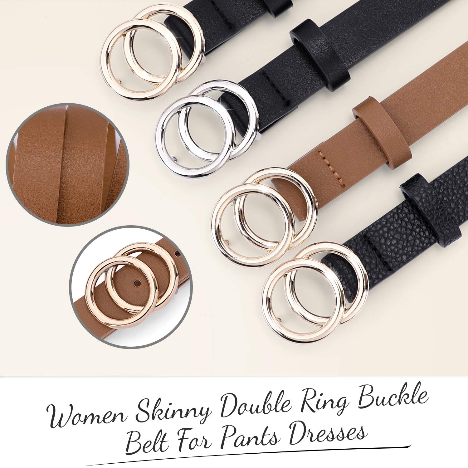 Women Leather Double O Ring Buckle Belt, Fashion Skinny Thin Waist Belt for Jeans Pants Dresses By Whippy