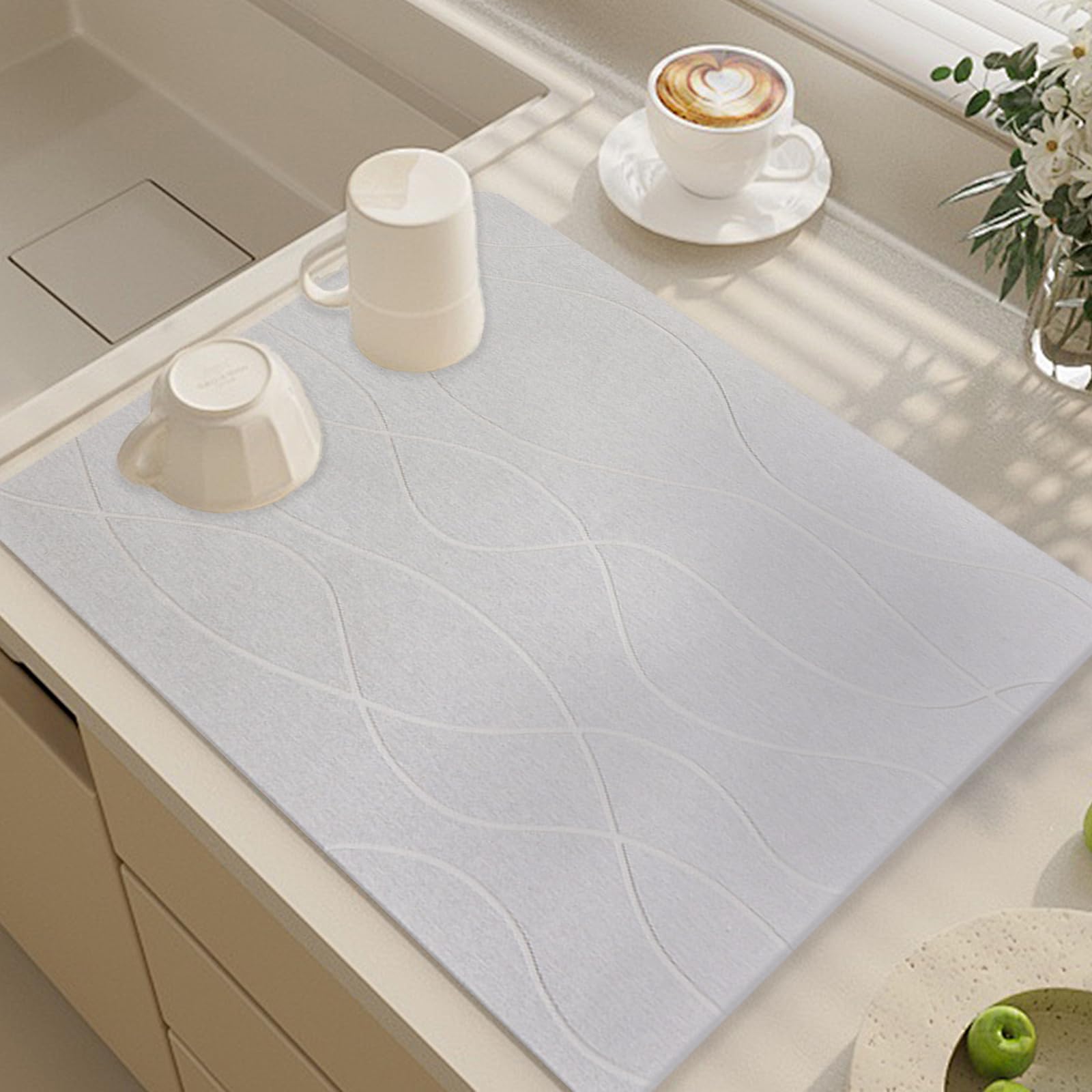 Stone Drying Mat for Kitchen Counter, 30*40cm Diatomaceous Earth Dish Drying Mat, Eco-Friendly Diatomaceous Earth Engraving Absorbent Mat, Comes with Sandpaper and Non-Slip Base(30*40cm，Light Gray)