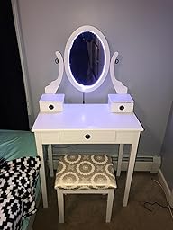 Roundhill Furniture Set Toeletta Moniya Con Specchio E Sgabello – Colore Bianco, 3 Cassetti