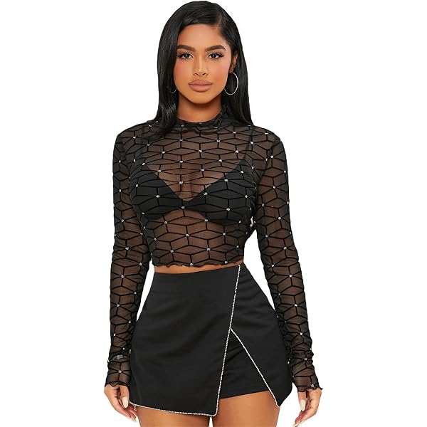 Milumia Women's Mesh Square Neck Long Sleeve Crop Top - Sheer Hanky Hem Tee, Black, Medium - View #8