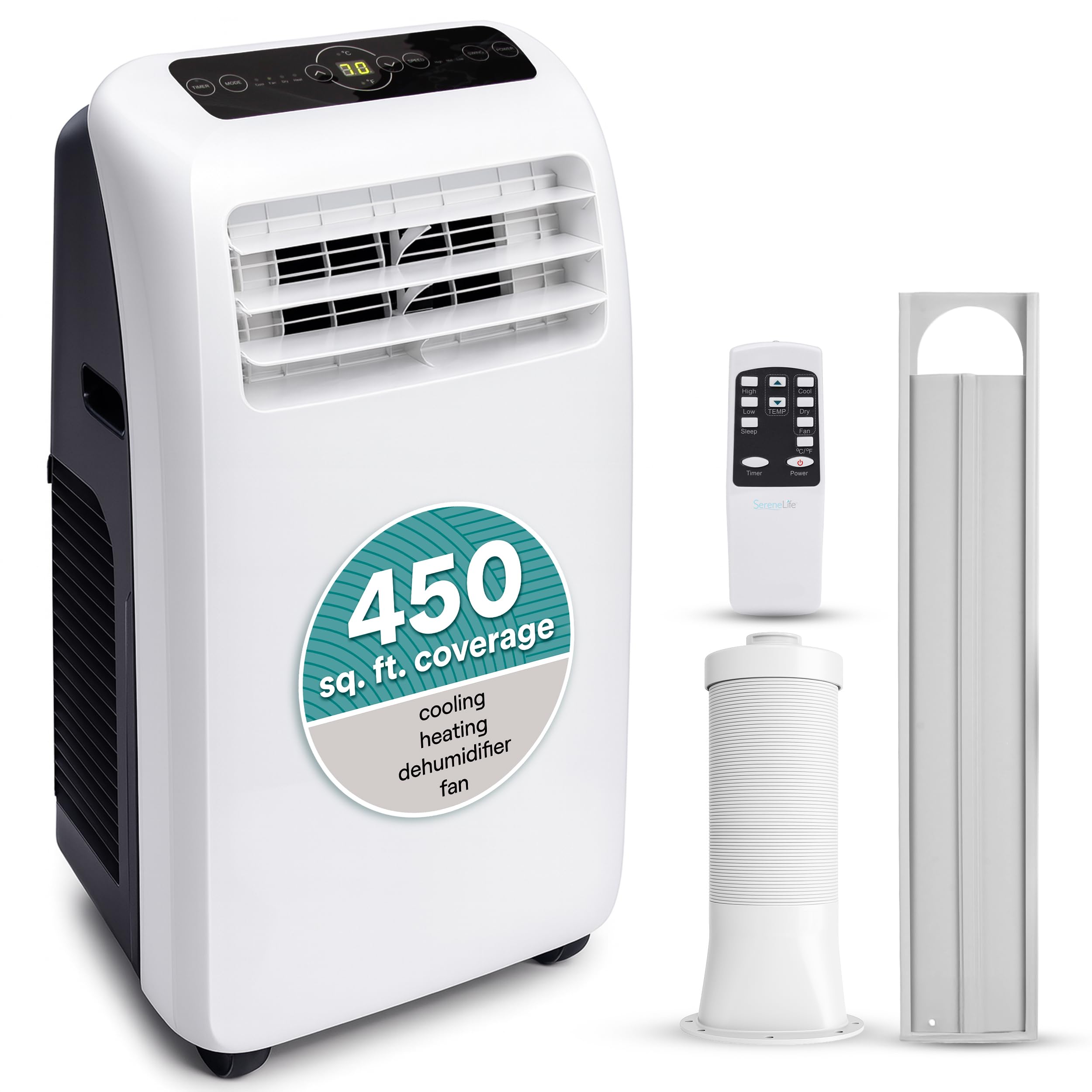Photo 1 of SereneLife Small Air Conditioner Portable 10,000 BTU with Built-in Dehumidifier + Heat - Portable AC unit for rooms up to 450 sq ft - Remote Control, Window Mount Exhaust Kit