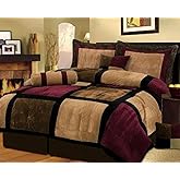 Grand Linen 7 Piece Burgundy Brown Black Bed in a Bag Micro Suede Queen Comforter Set with Accent Pillows