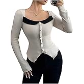 MakeMeChic Women's Square Neck Long Sleeve T Shirt Color Block Button Rib Knitted Tee Tops
