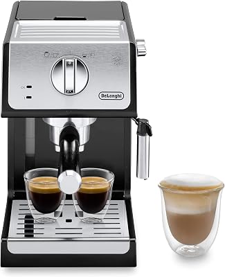 - Cafetera de Bomba Tradicional para Espresso y Cappuccino, para Café Molido y Monodosis, 2 Tazas Simultáneamente, Depósito de Agua de 1.1l, 1100 W, ECP 33.21, Negro y Plata