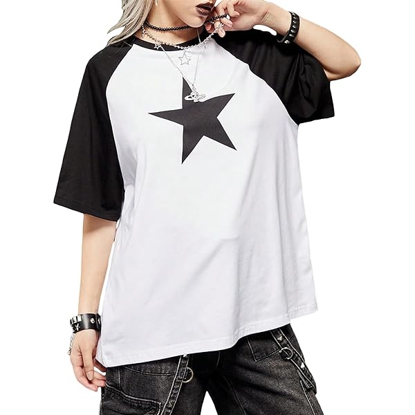 ABYOVRT Women Star Shirt Y2k Tops Vintage Aesthetic Patchwork Long