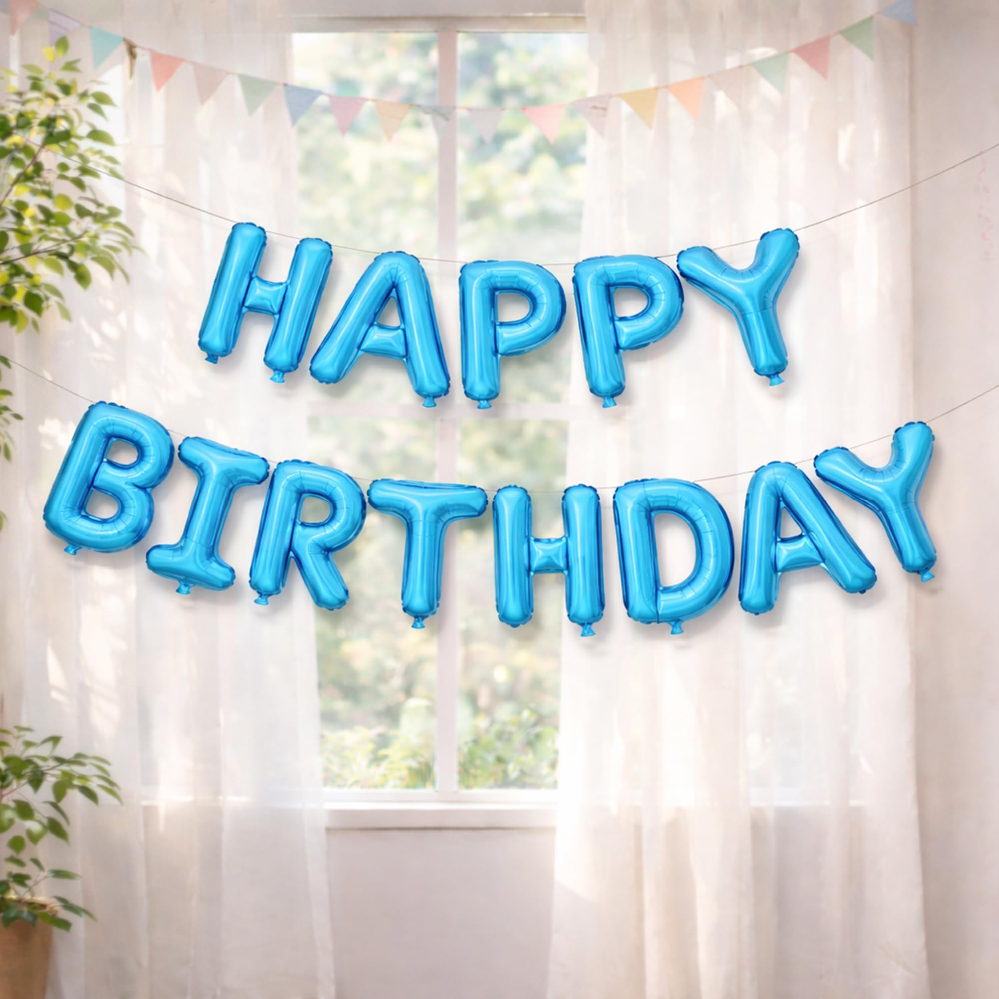 Trimming Shop Self-Inflating Baby Blue Happy Birthday Banner Balloons, 16 Inch Foil Letter Balloons for Birthday Decorations, Party Banner for Indoor & Outdoor Birthday Celebrations