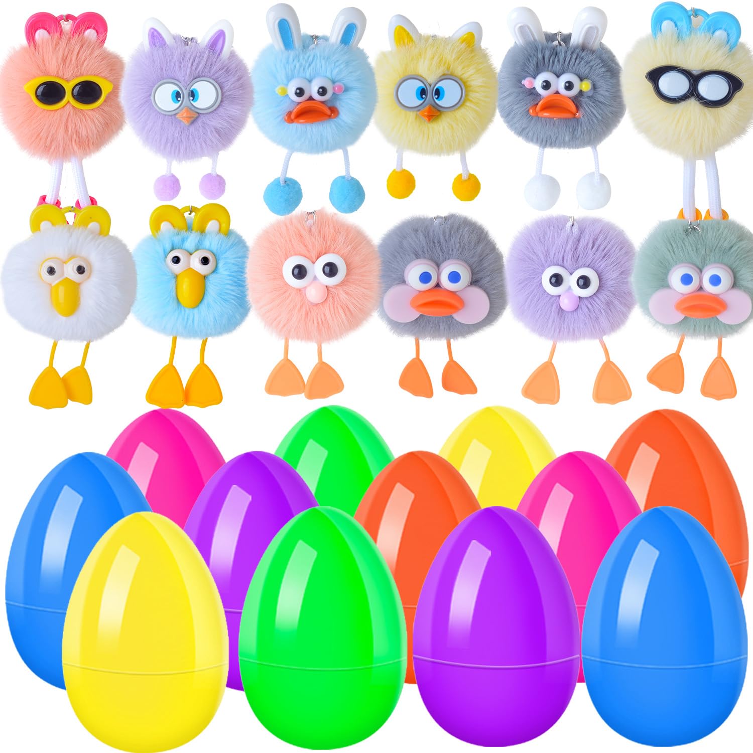 WOONOO 12 Pack Prefilled Easter Eggs With Toys Plush Keychains, Easter Basket Stuffers for Boys Girls, Non Candy Easter Gifts for Kids Egg Hunt Supplies Party Favors
