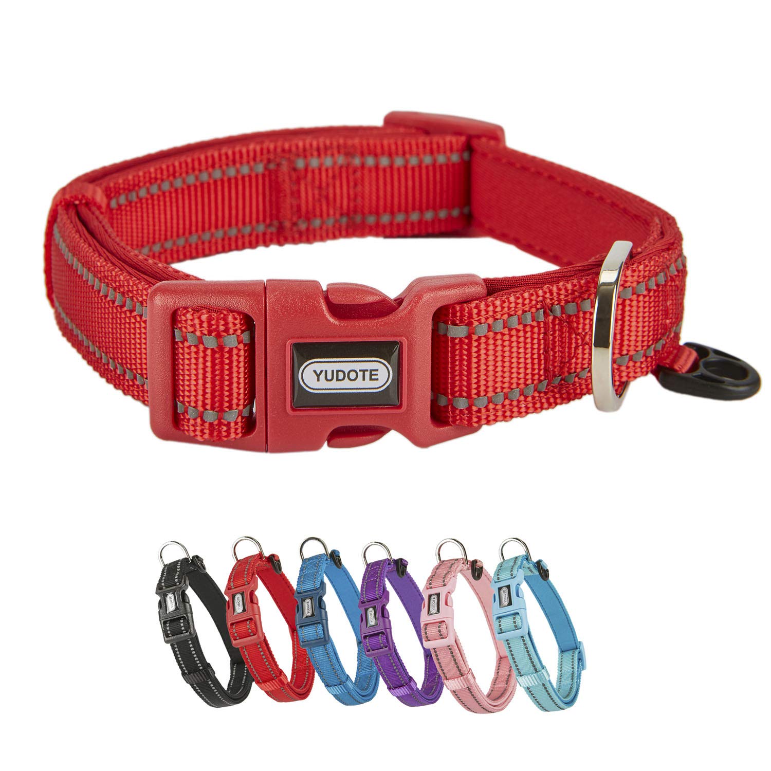 YUDOTE Dog Collar Large Strong Reflective Nylon Webbing with Soft Comfy Neoprene Padded Linning for Large Dogs Daily Use,Red