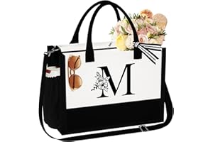 YOOLIFE Initial Canvas Beach Tote Bag with Zipper Adjustable Strap Tote Bag Bride Gifts Mothers Day Birthday Gifts for Women
