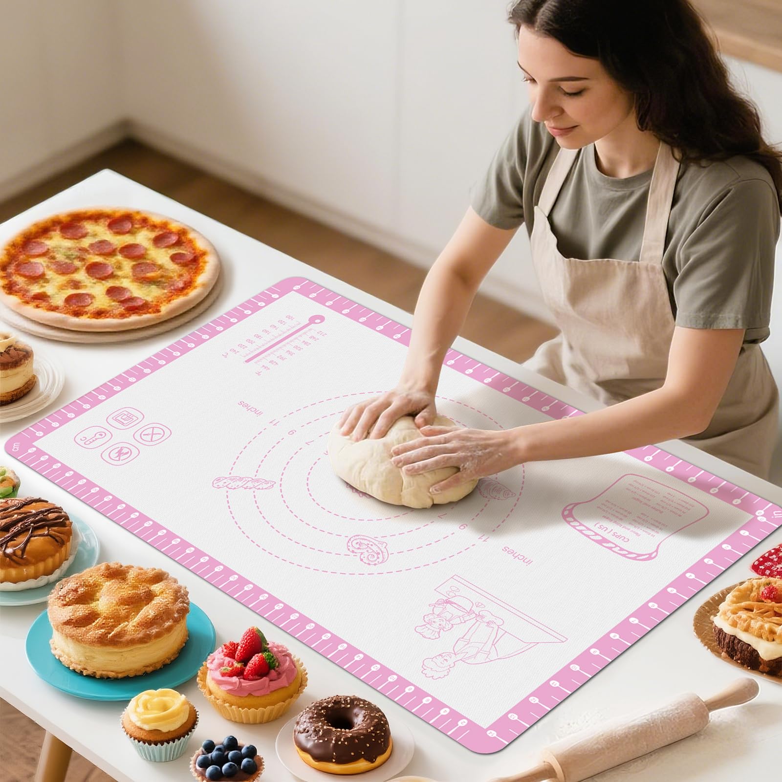 Silicone Baking Mat with 10 Recipes, Pastry Mat for Dough Rolling, Silicone Mat for Baking Macaron, Cookie, Bread, Pizza,Surdough, Fondant Mat for Kitchen, Extra Large 32 X 24 INCH Image