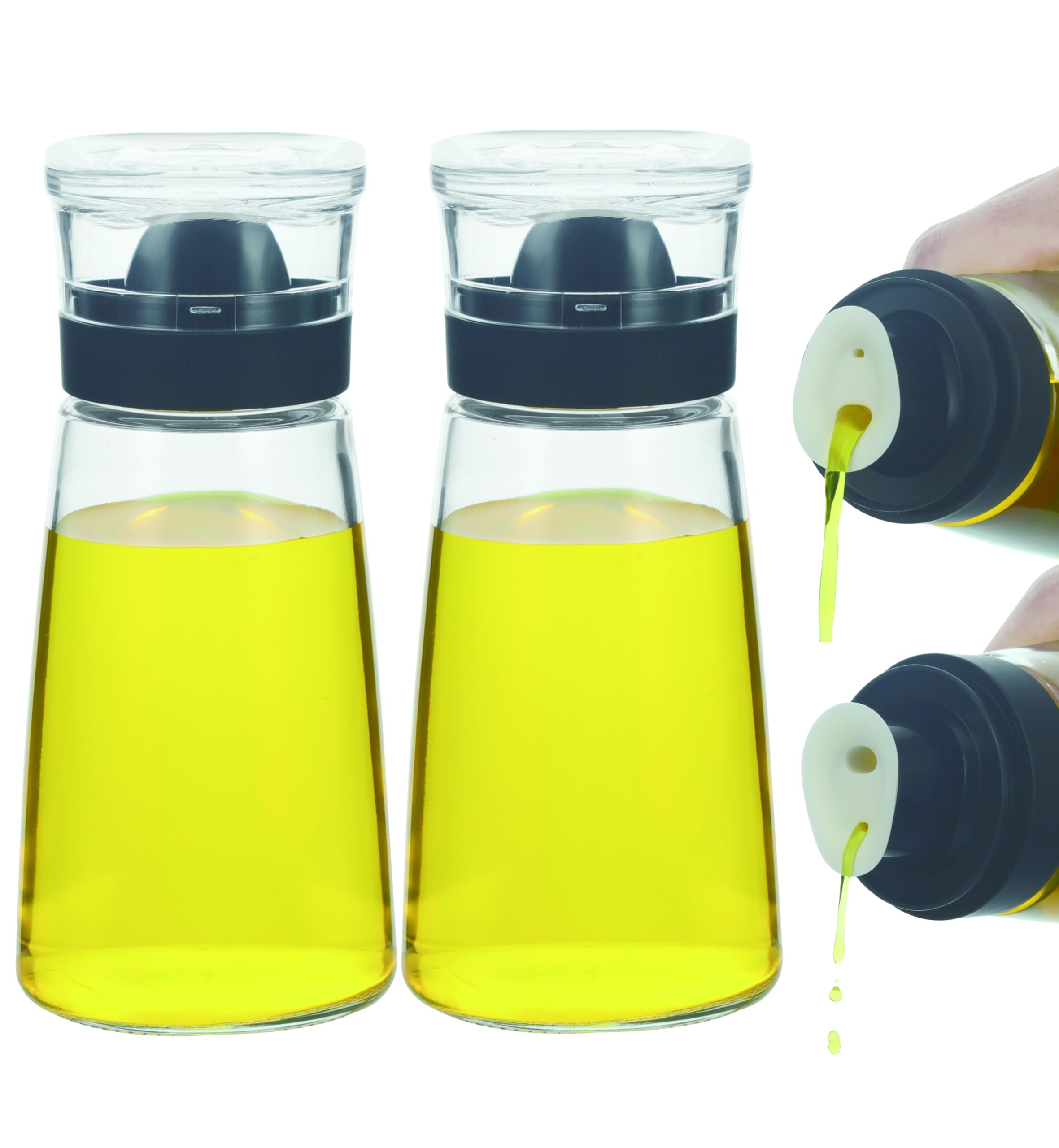 Photo 1 of Small Glass Olive Oil and Vinegar Dispenser Bottles Set for Kitchen Cooking with Silicone Dual Pouring Spout, Soy Sauce Dispenser with Dust-proof Lid - Set of 2 (Black, 8 oz)